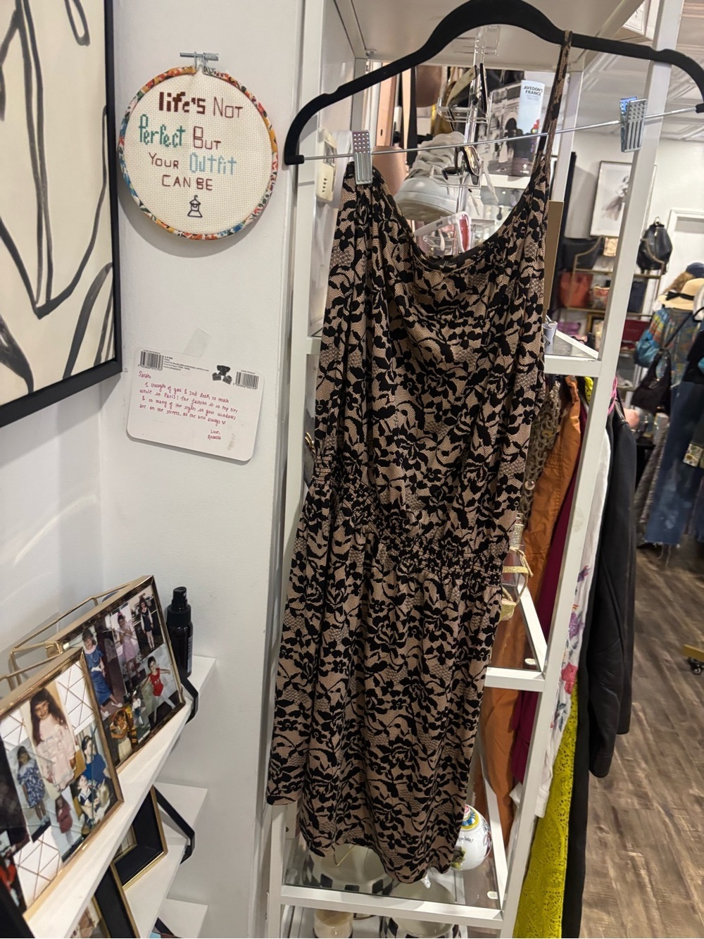 DarylK-189 Sleeveless Tan Midi Dress with Black Floral Overlay